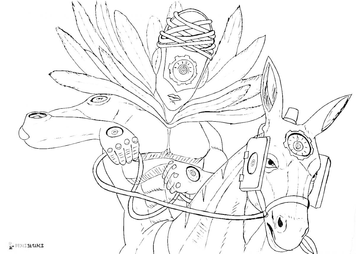Раскраска Изображение персонажа Jojo с большой накидкой из перьев, с лентой на голове и маской с глазом, стоящий рядом с лошадью с повязкой на глазу и трубкой в зубах.