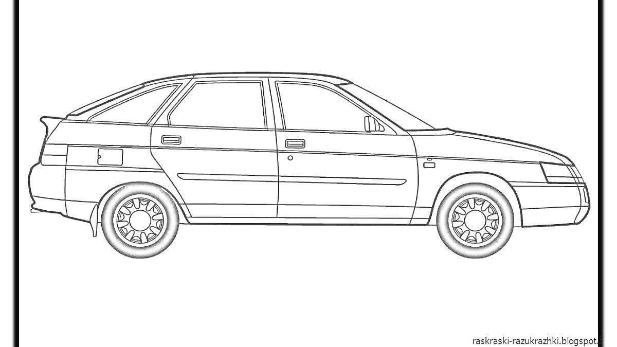 Раскраска Раскраска - боковой вид автомобиля с 10 элементами (двери, стекла, колеса и так далее)