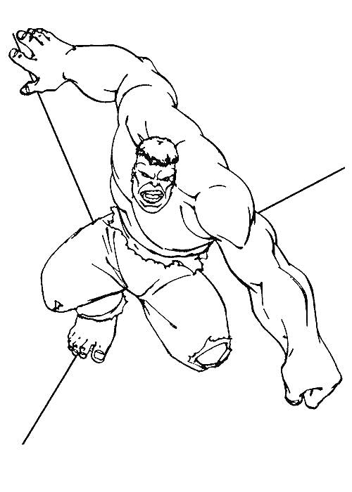 Раскраска Халк с согнутыми коленями и вытянутой рукой в прыжке