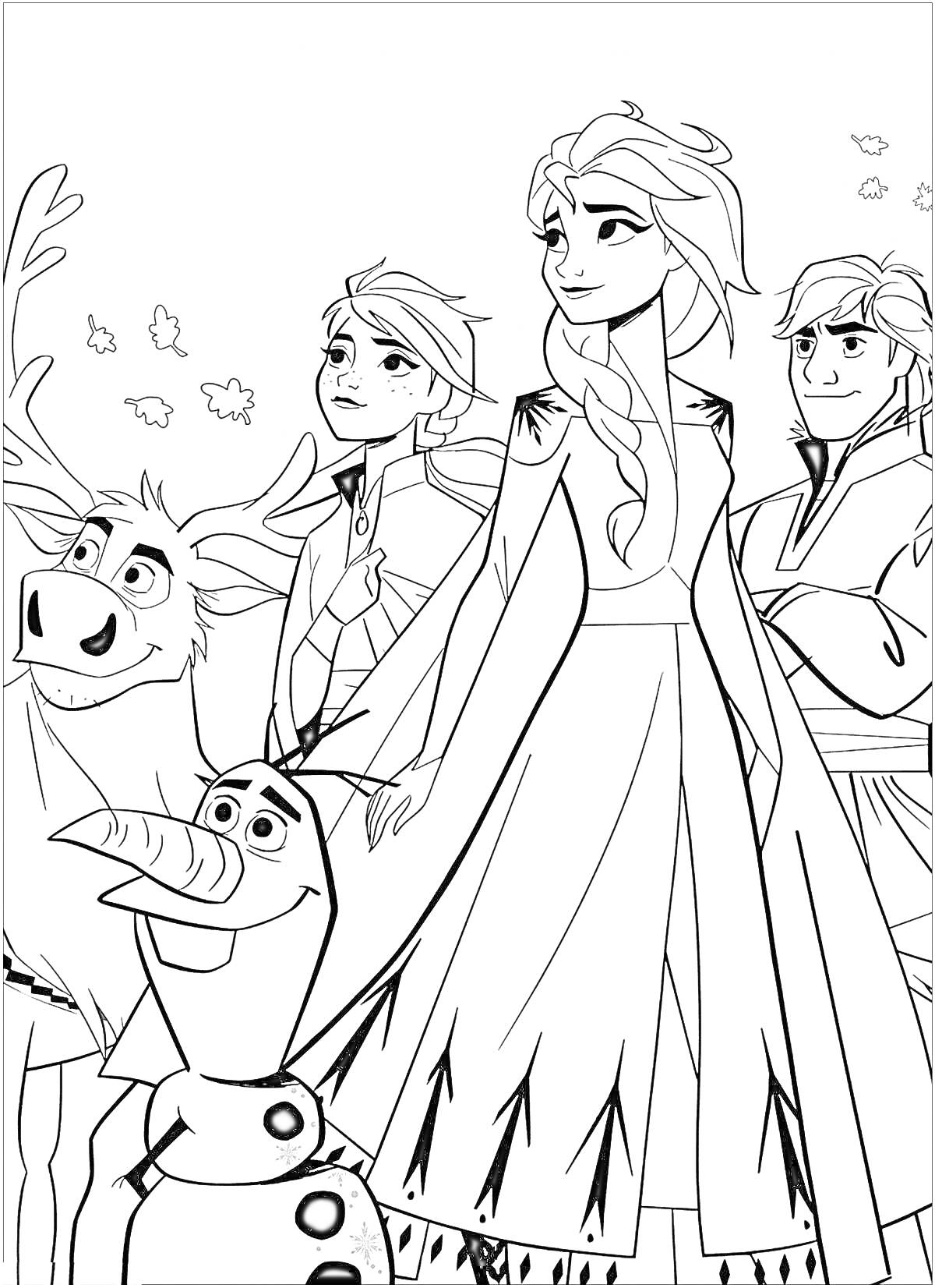 Раскраска Принцессы и друзья в лесу с Олафом и Свеном