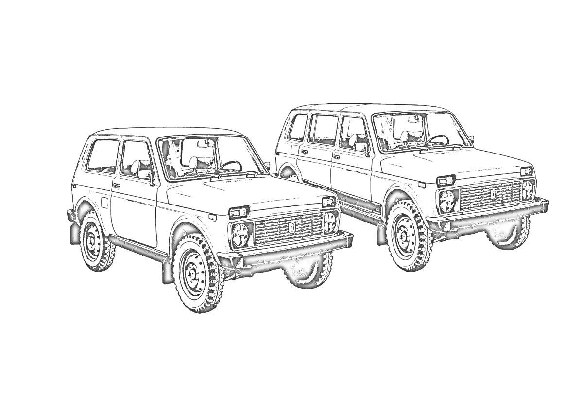 Раскраска Две машины Нива с четырьмя фарами на передней части, квадратными капотами и высокими колёсами.