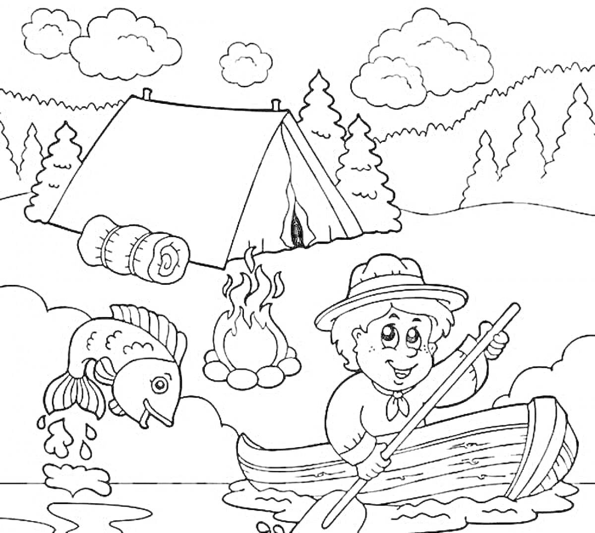 Раскраска Мальчик в лодке, палатка, костер, рыба, и лес