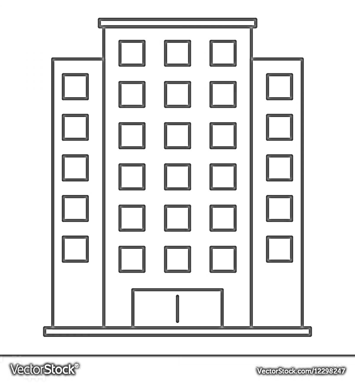Раскраска Многоэтажный дом с окнами и входом