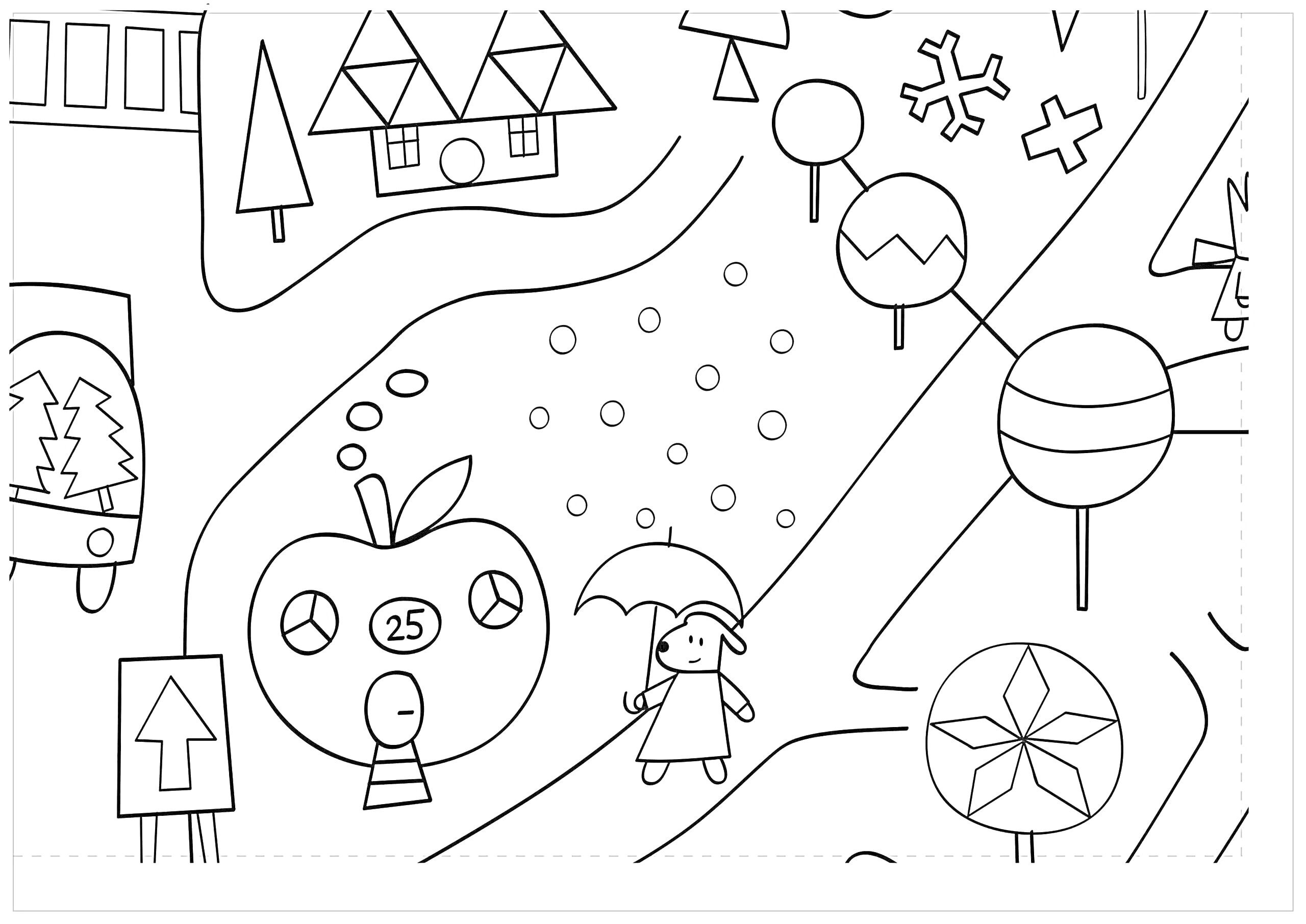 На раскраске изображено: Новый год, Зима, Девочка, Зонт, Дом, Деревья, Снежинки, Яблоко, Часы