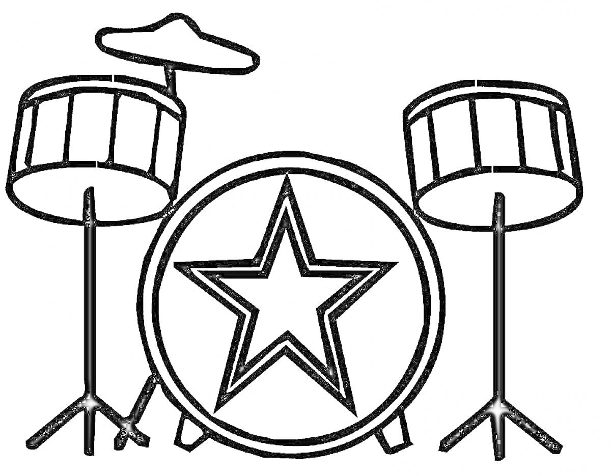 Раскраска Барабаны с тарелкой и звездой на большом барабане
