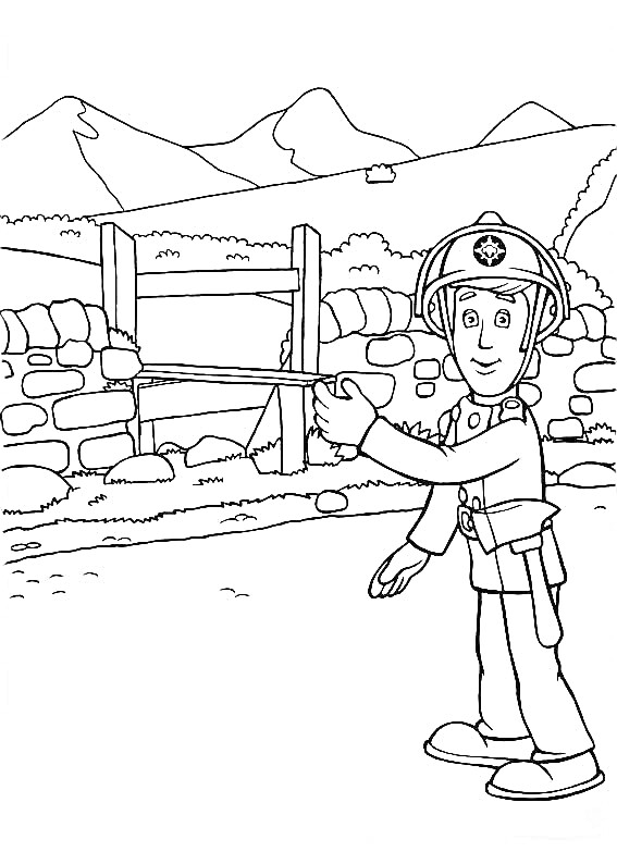 Раскраска Пожарный Сэм у деревянной калитки на фоне гор и каменной стены