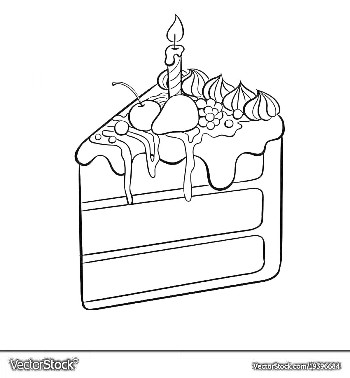 Раскраска Кусок торта с кремом, вишнями, свечой и украшениями из крема на верхушке