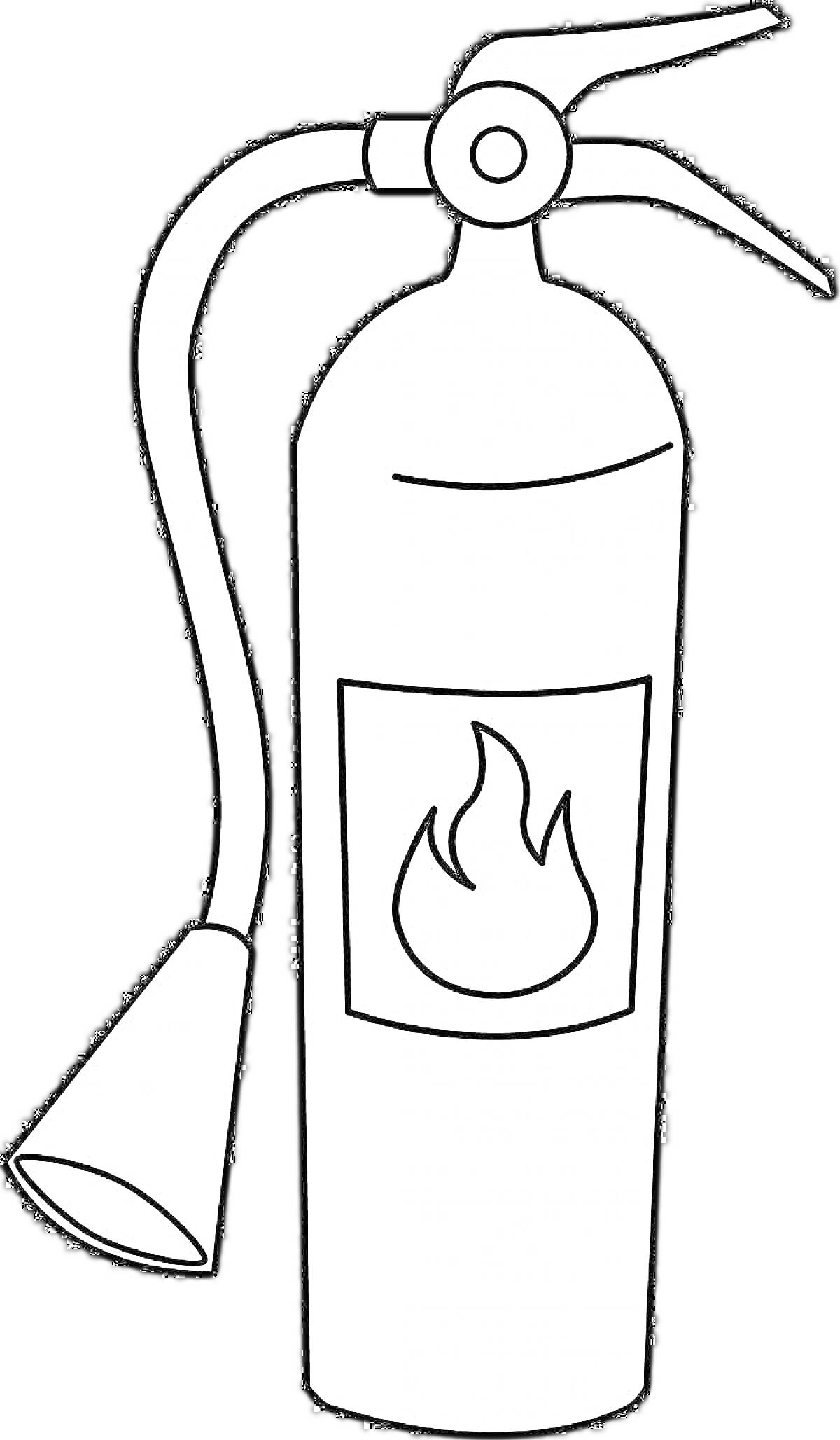 Раскраска Огнетушитель с ручкой, соплом и символом пламени