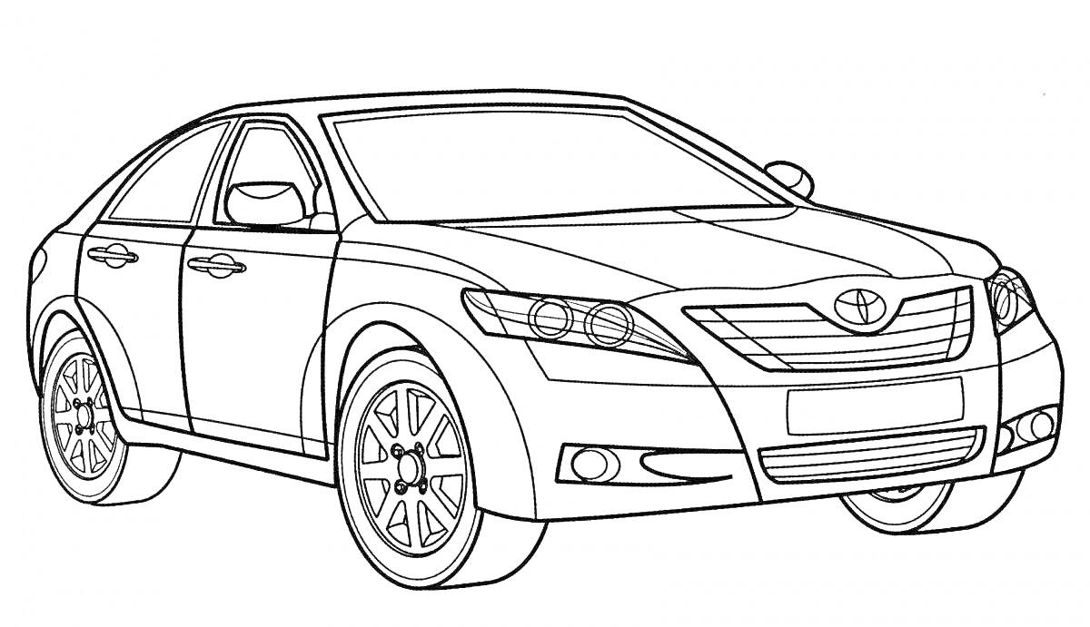 Раскраска Легковой автомобиль Toyota с фарами, зеркалами заднего вида и дисками на колесах на фоне.