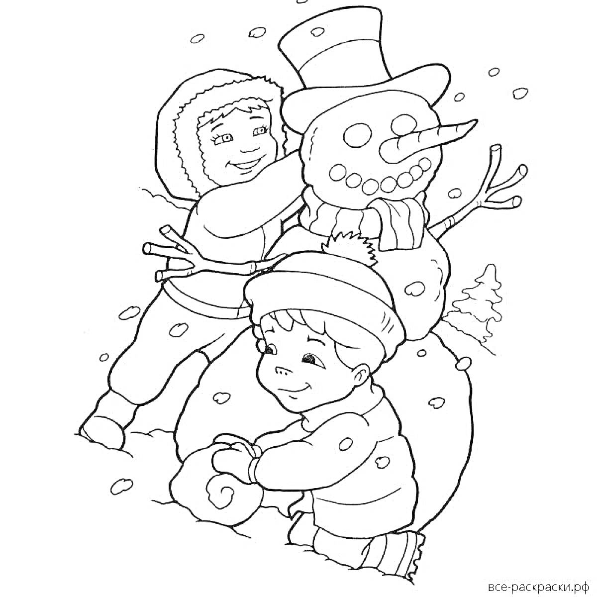 На раскраске изображено: Зима, Снег, Игра, Зимние забавы, Снегопад, Для детей, Снеговики