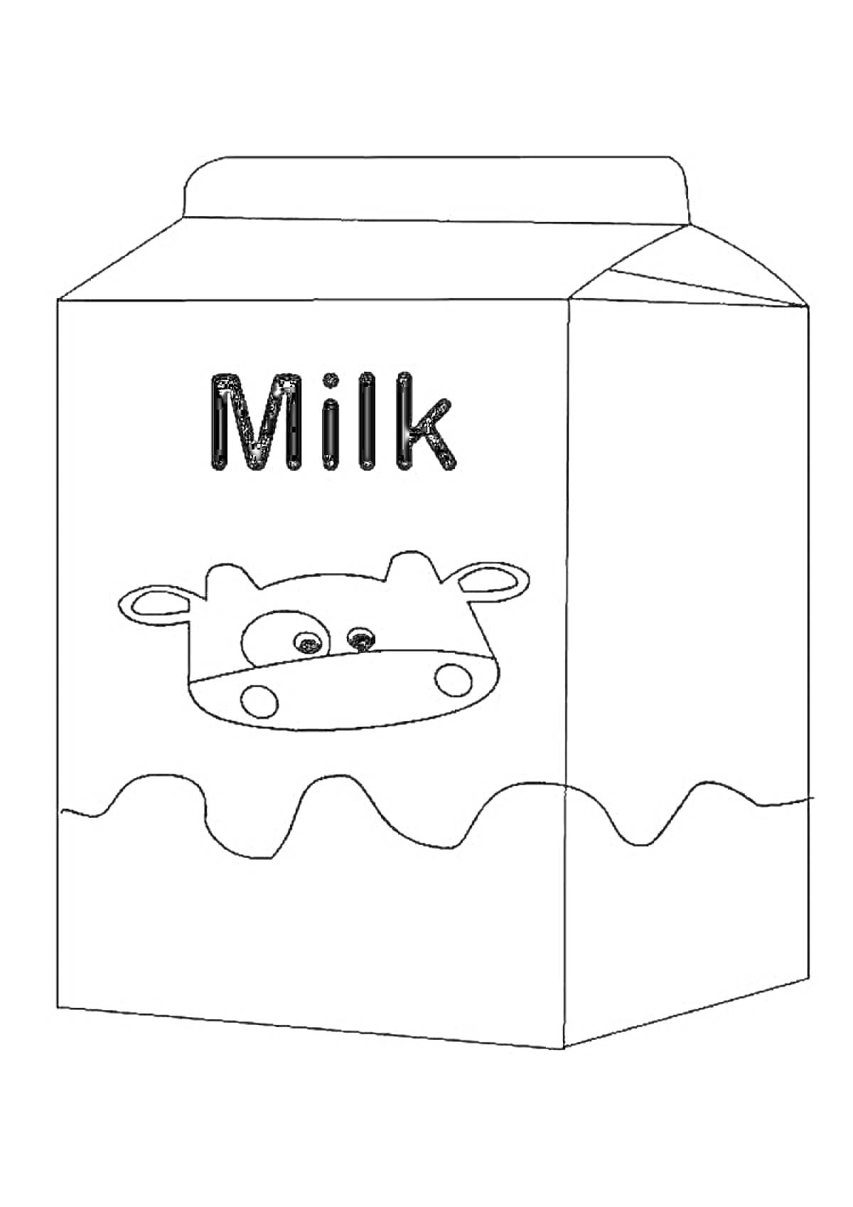 На раскраске изображено: Молоко, Упаковка, Корова, Надпись, Напиток
