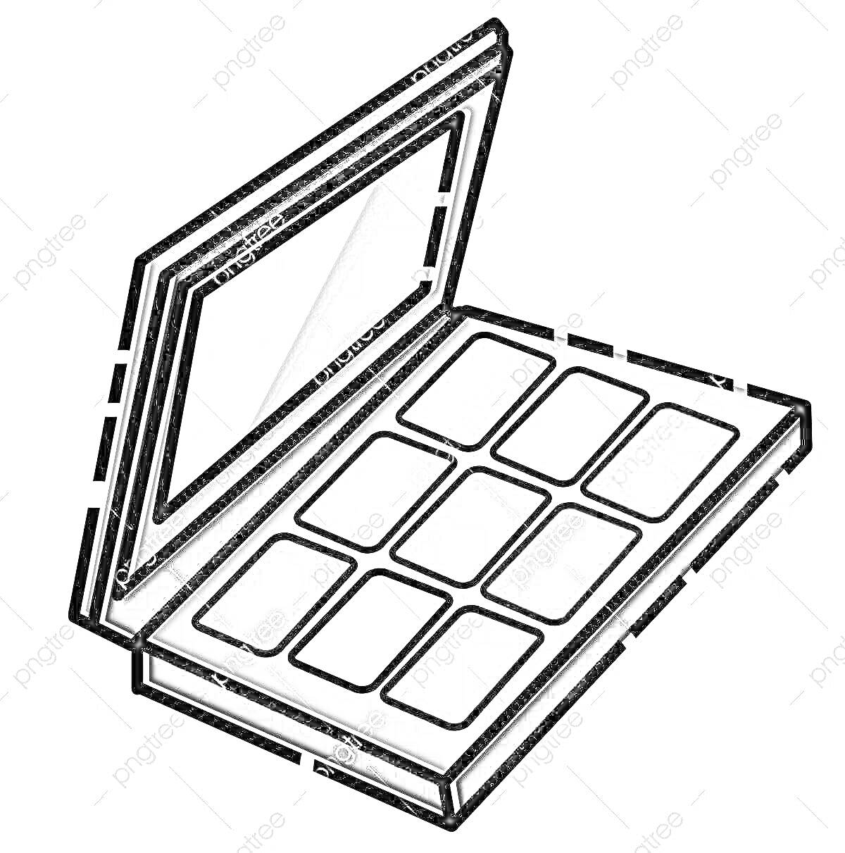 На раскраске изображено: Палетка теней, Тени для глаз, Макияж, Косметика, Зеркало, Оттенки, Ячейки, Уход за собой