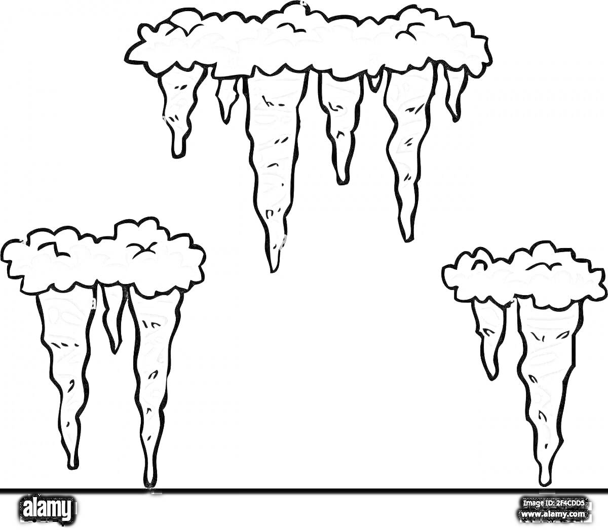 Раскраска Три группы сосулек, свисающие с крыш, с облаками снега наверху