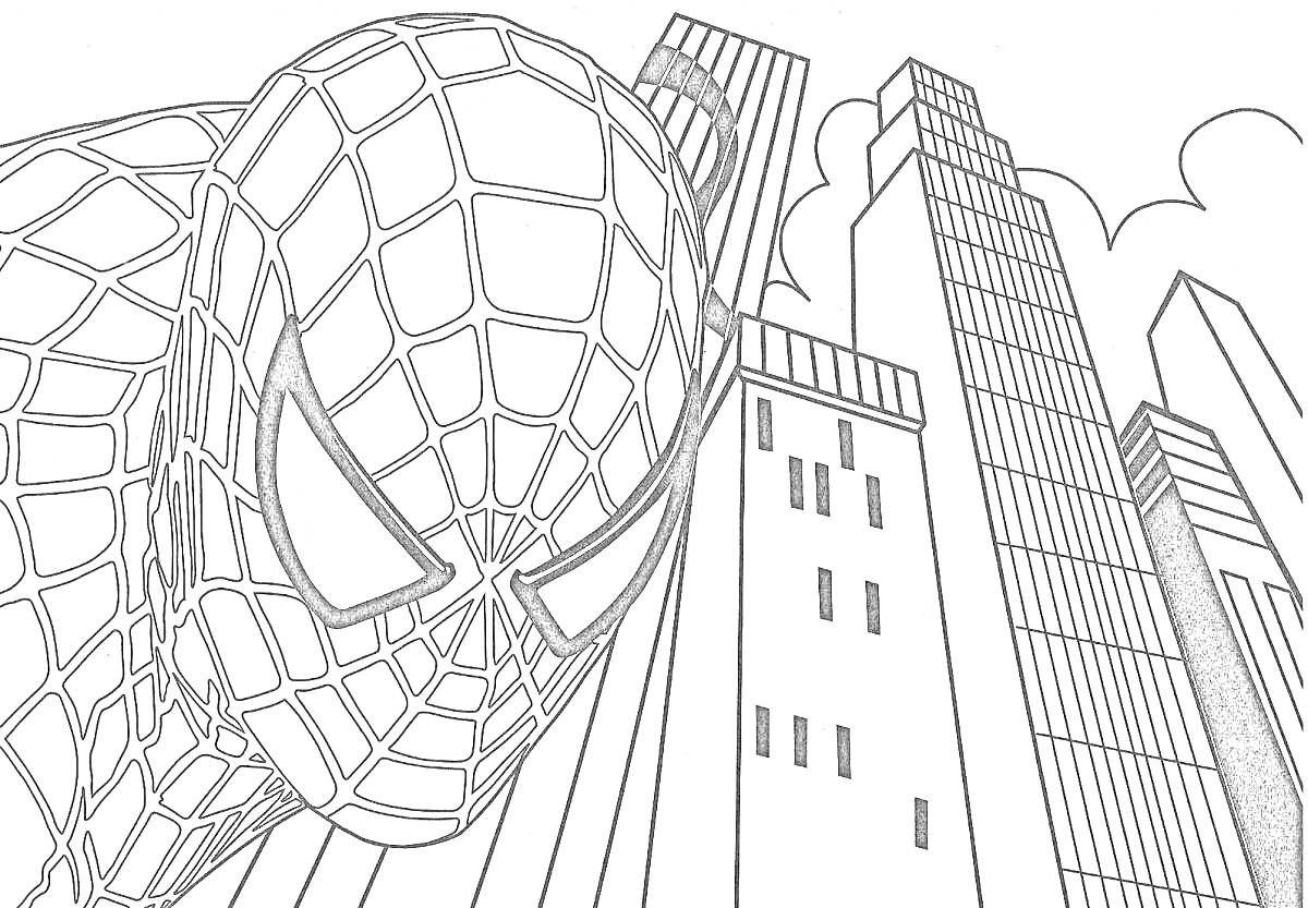 Раскраска Человек-паук на фоне высотных зданий