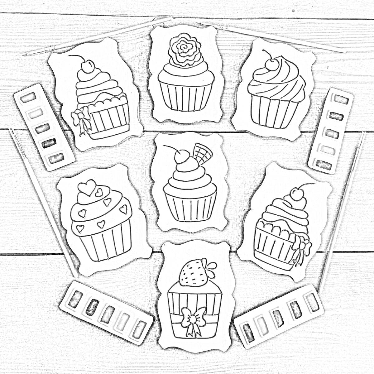 Раскраска Разукрашка с семью пряниками кексами, палитрой и кистями
