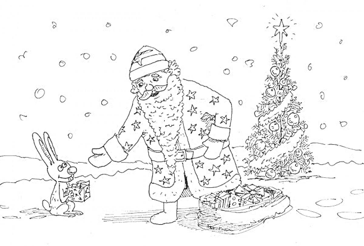 На раскраске изображено: Дед Мороз, Заяц, Снег, Новый год, Новогодняя ночь, Зимний лес