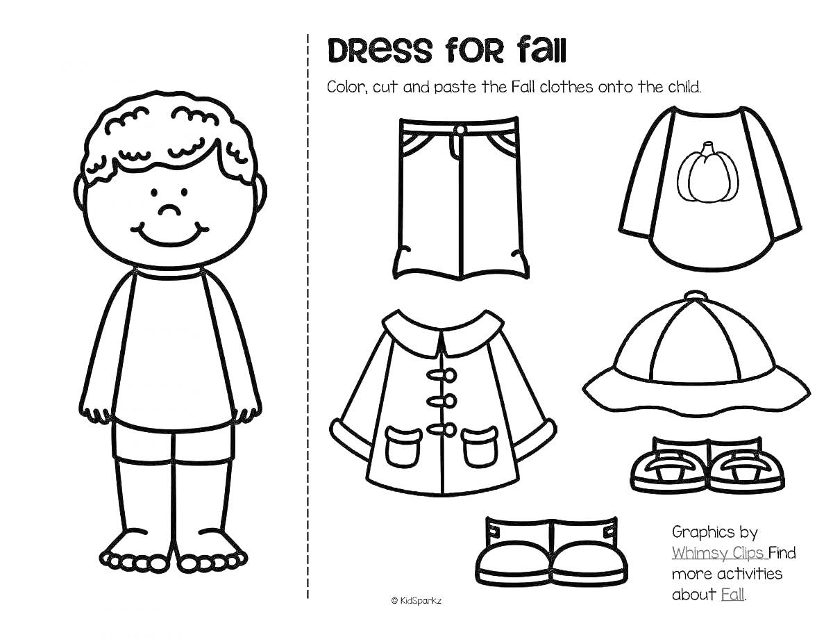 Раскраска Dress for Fall - Child with Accessories: Кофта, Шорты, Полосатая Толстовка, Куртка, Шляпа и Ботинки