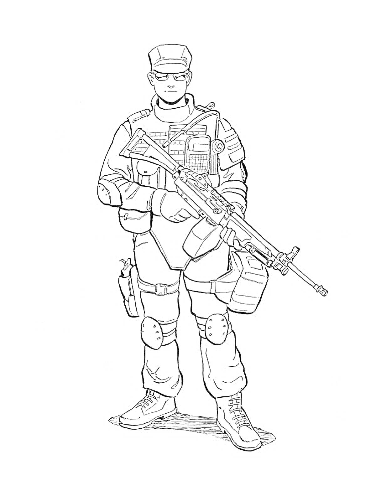 На раскраске изображено: Солдат, Военная форма, Автомат, Оружие, Нож, Чехол, На коленях