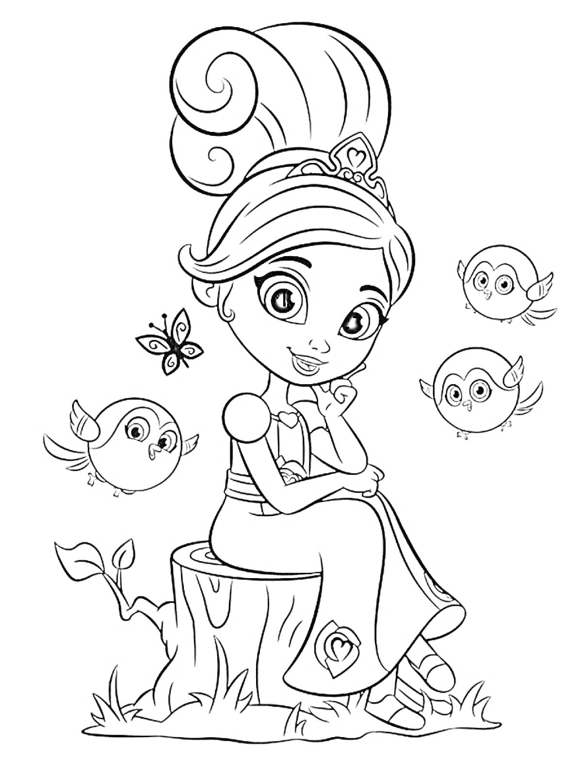 Раскраска Нелла принцесса рыцарь, сидящая на пеньке, с тремя совятами и бабочкой