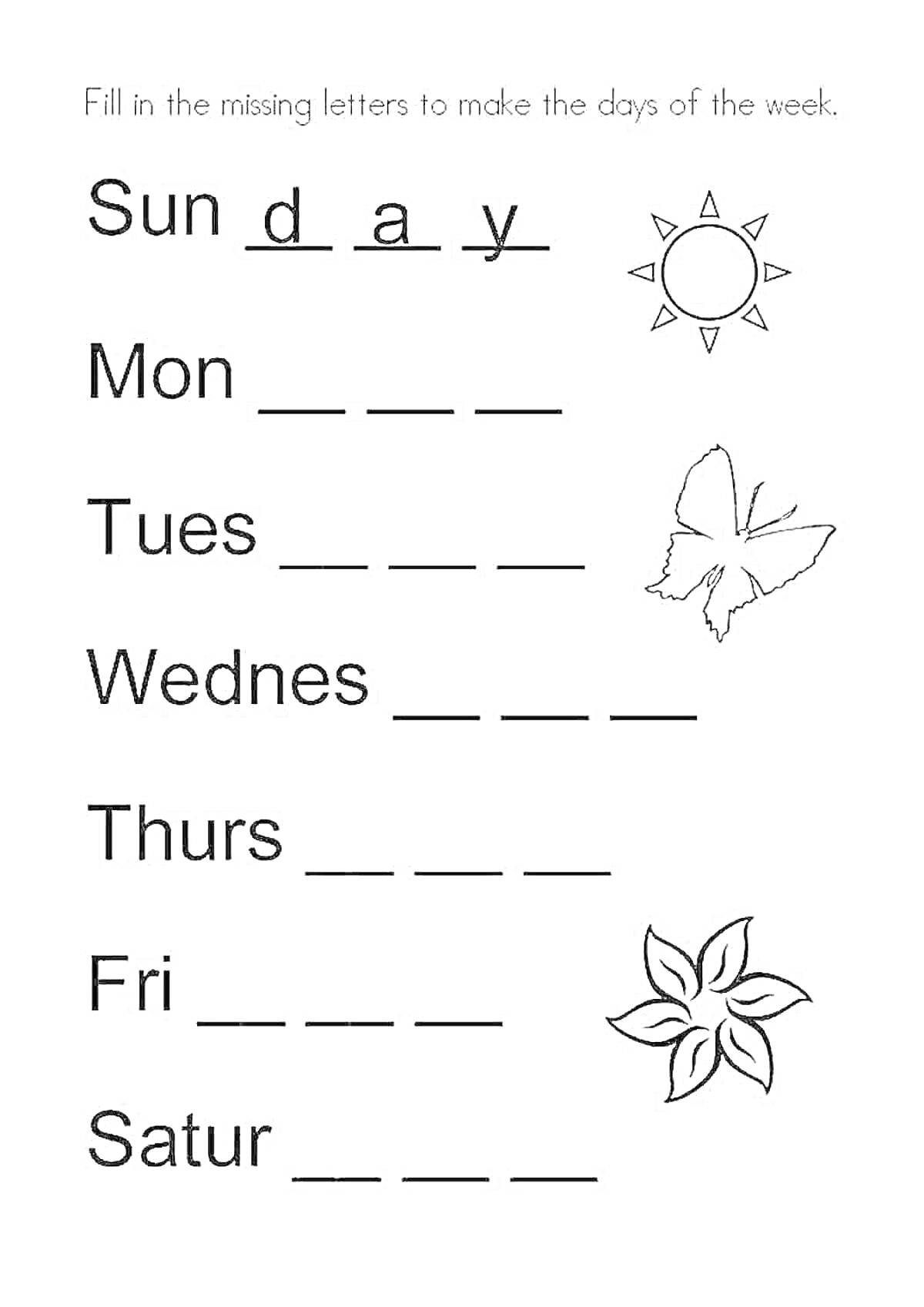 Раскраска раскраска для заполнения пропущенных букв в днях недели на английском языке с изображениями солнца, бабочки и цветка