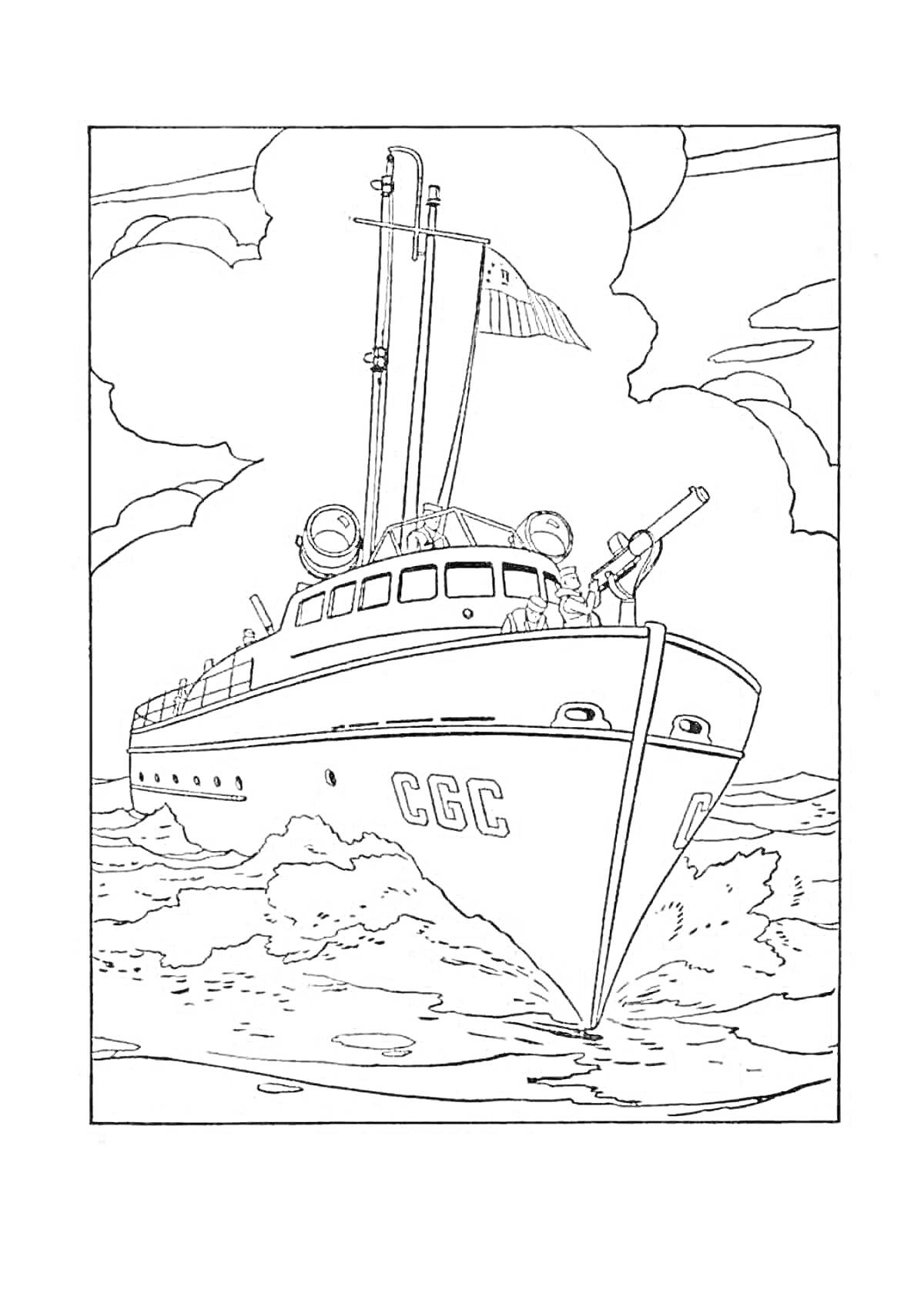 На раскраске изображено: Военный корабль, Волны, Пушка, Облака, Море, Корабль