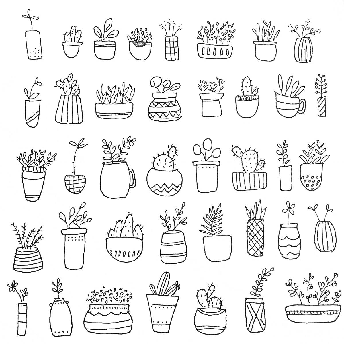 Черно-белая раскраска с горшками и растениями, включая суккуленты, кактусы и комнатные растения