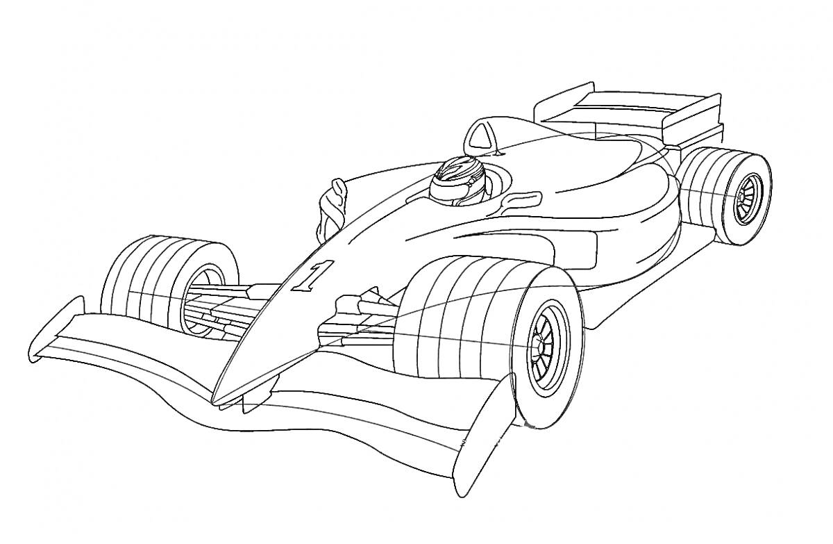 Раскраска Гоночный болид Формулы 1 с передним и задним антикрылом, большими колесами и открытой кабиной