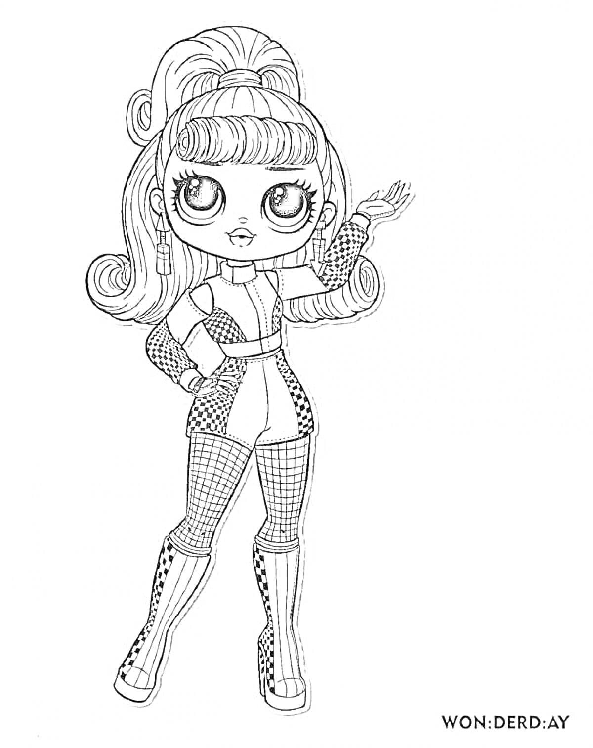 Раскраска Кукла Лол в костюме с сетчатыми рукавами и сапогами на высокой шпильке