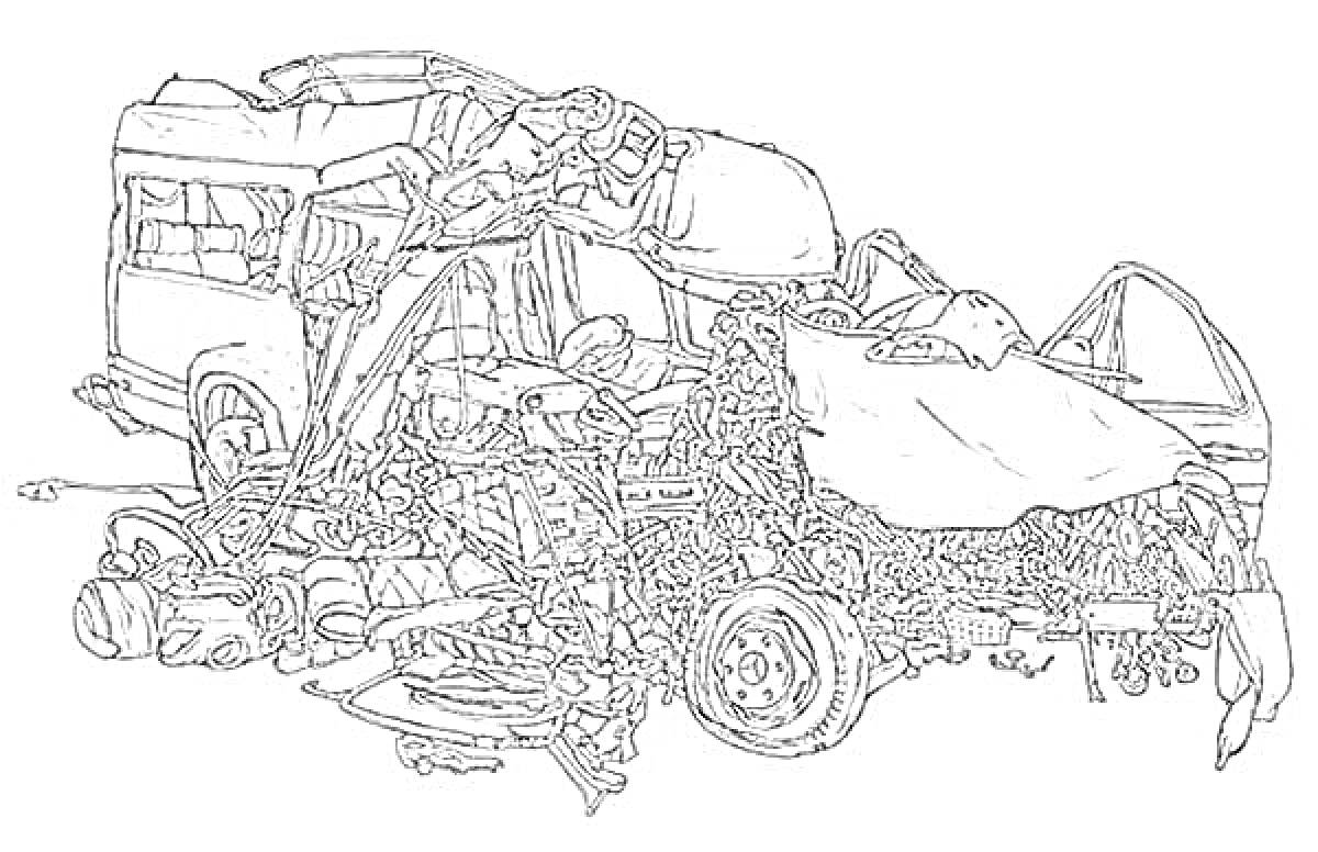Раскраска Серьёзная автомобильная авария с повреждёнными транспортными средствами