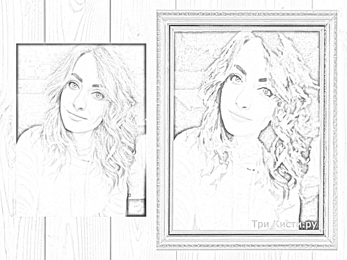 Раскраска Портрет девушки с кудрявыми волосами в рамке и оригинал на деревянном фоне