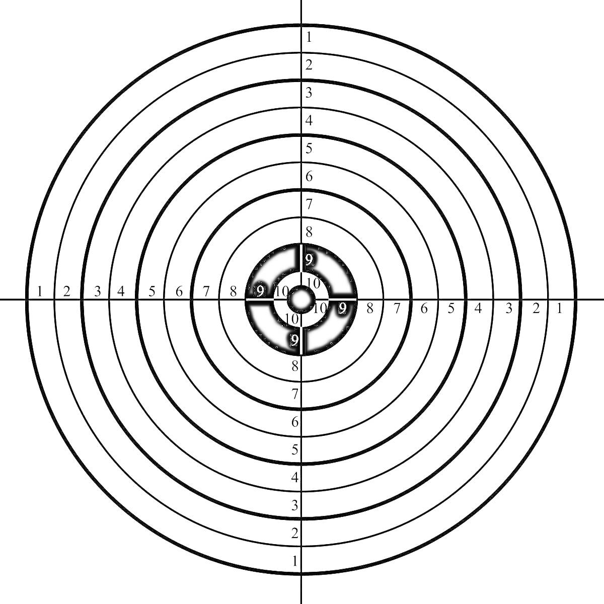 Раскраска мишень с концентрическими кругами и делениями от 1 до 10