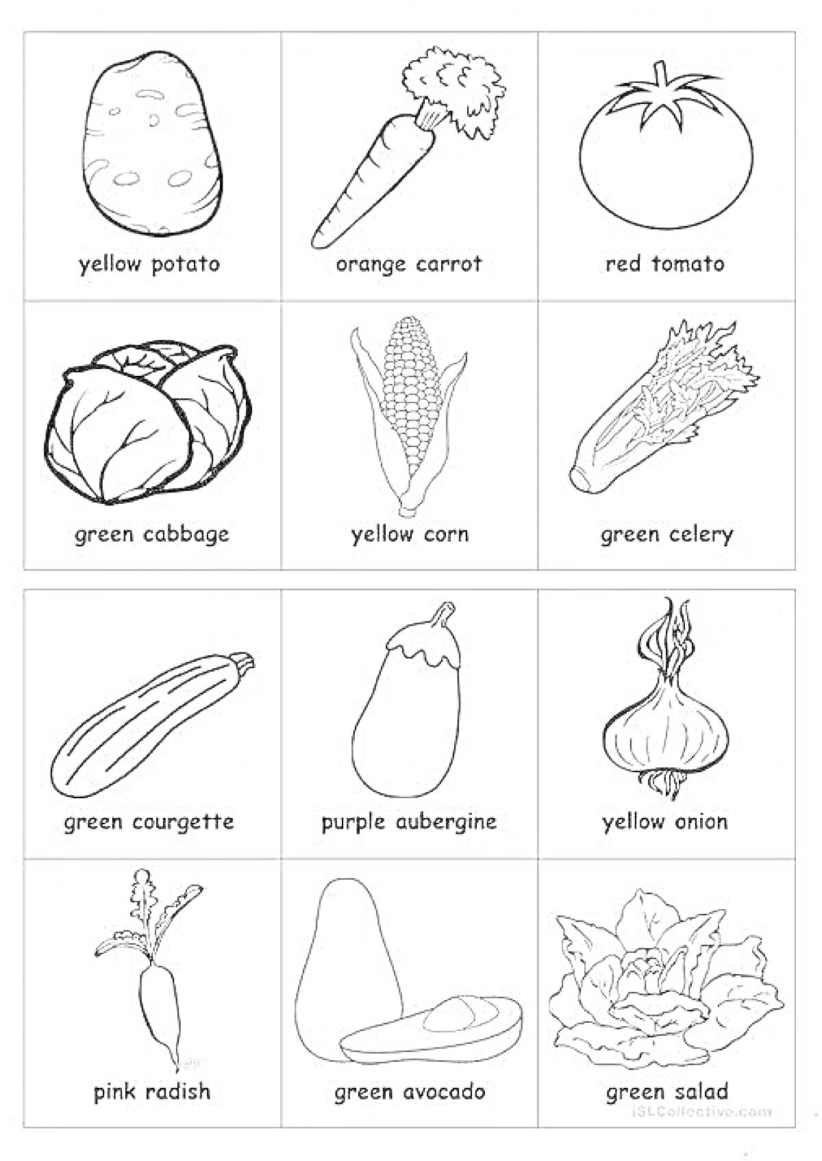 Раскраска Фрукты и овощи на английском языке для детей