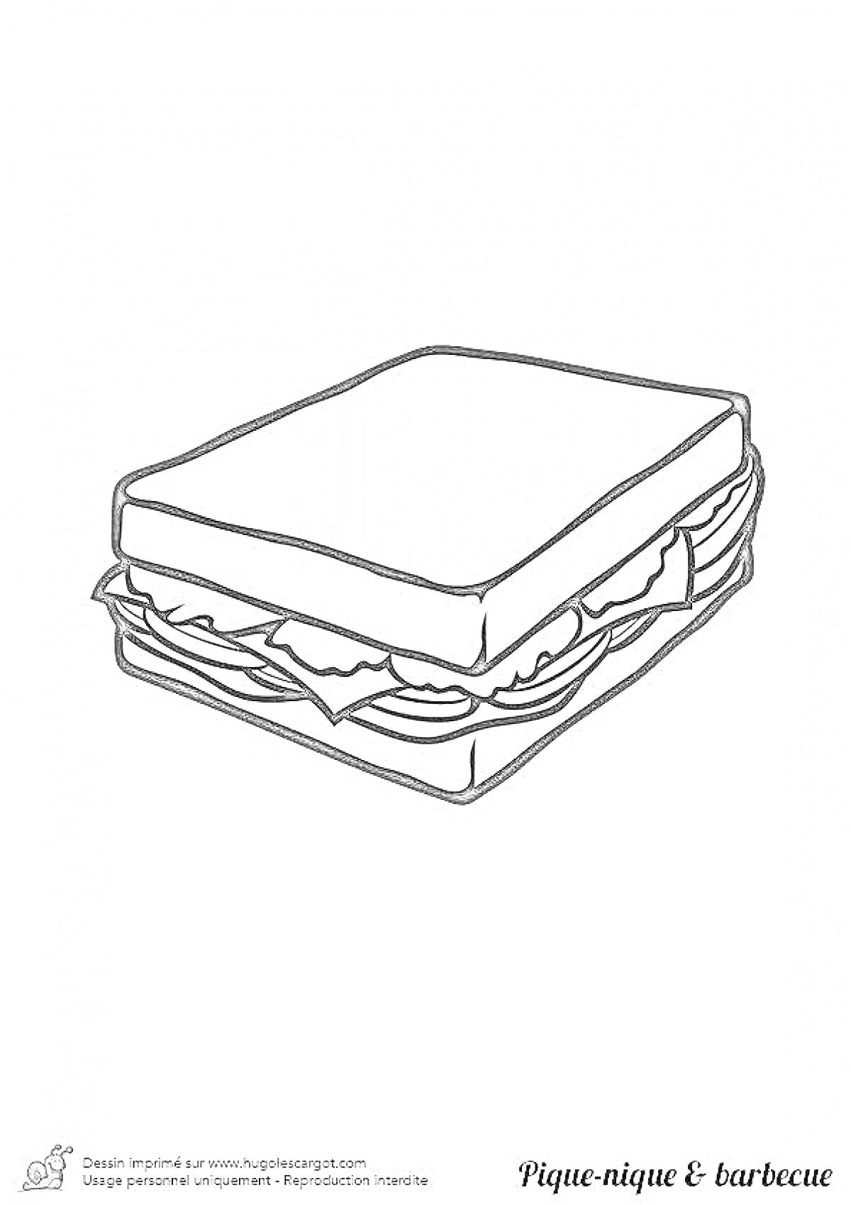 Раскраска Сэндвич с листьями салата и колбасой между двумя ломтиками хлеба