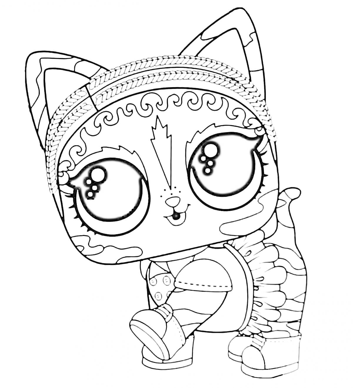 Раскраска Кошка с большими глазами, в рубашке и ботинках, с узорами на лбу и хвосте