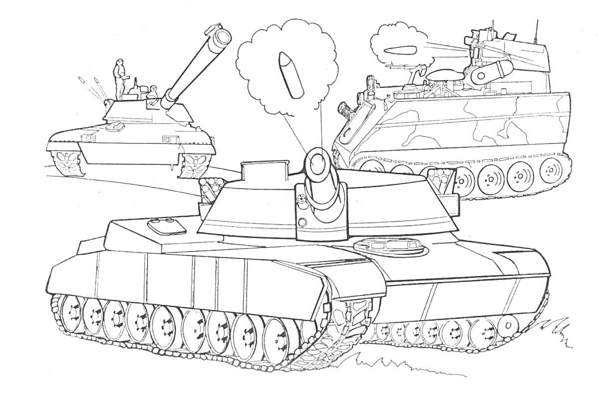 На раскраске изображено: Танк, Боевая машина пехоты, Военная техника, 7 лет, 8 лет, Гусеницы, Пушка, Военное искусство