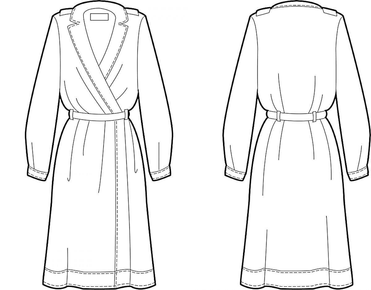 Халат с поясом и длинными рукавами, вид спереди и сзади