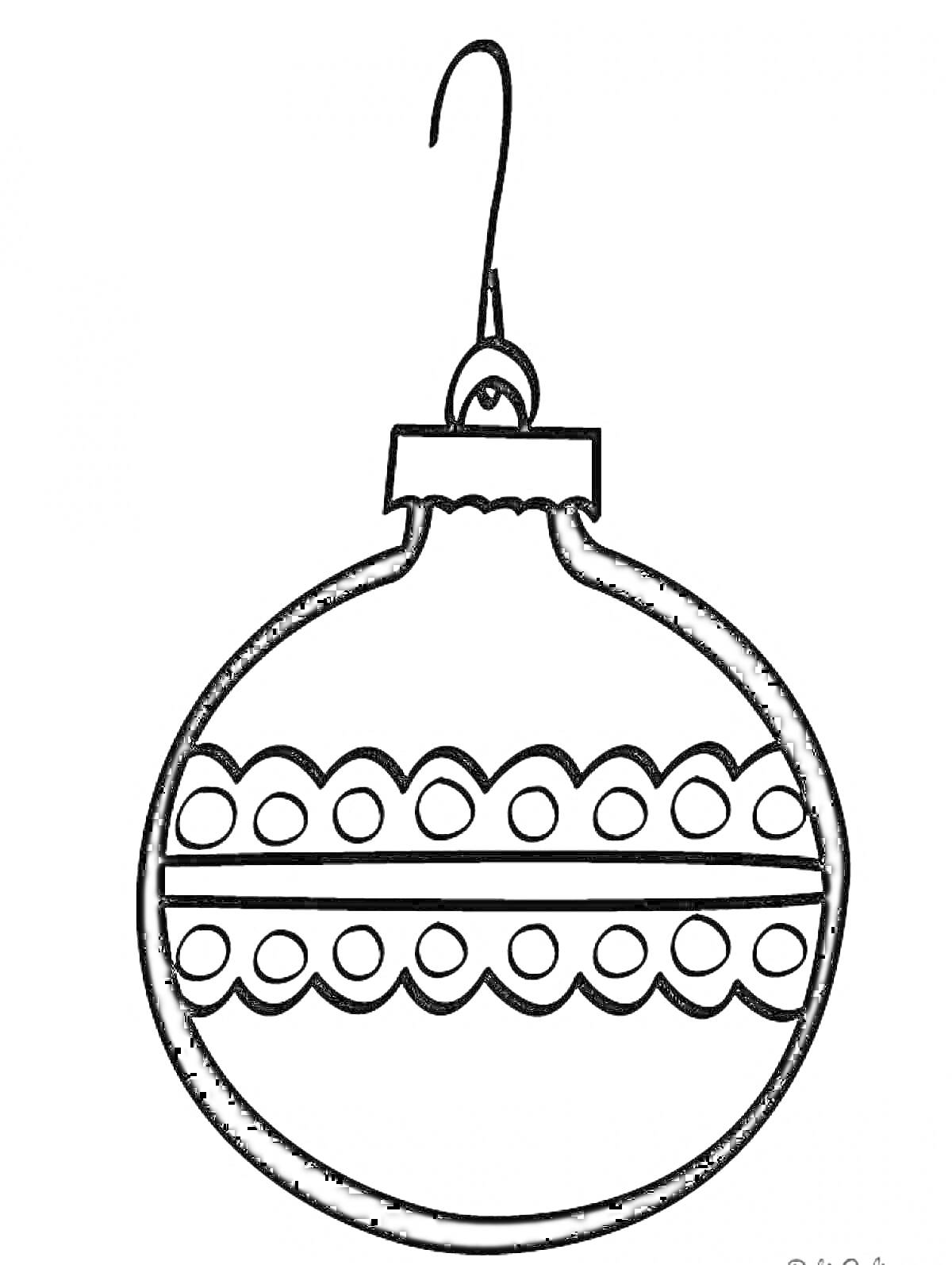 Раскраска Елочный шарик с узором из двух рядов кружков и волнистых линий