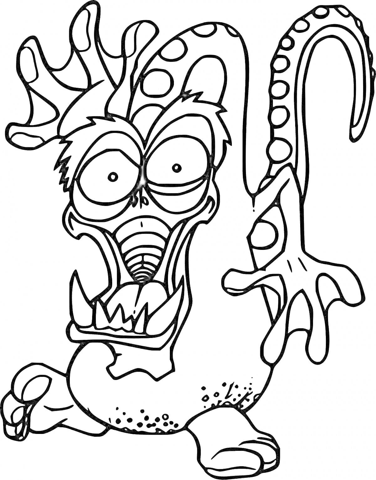 На раскраске изображено: Острые зубы, Рога, Длинный хвост, Когти, Большие глаза