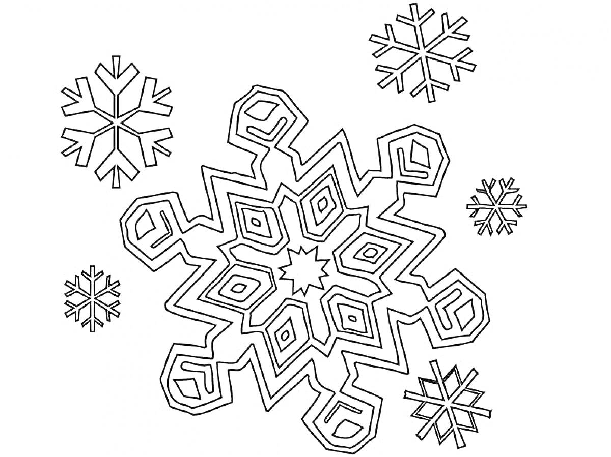 На раскраске изображено: Зима, Линии, Геометрия, Снежинки, Узоры