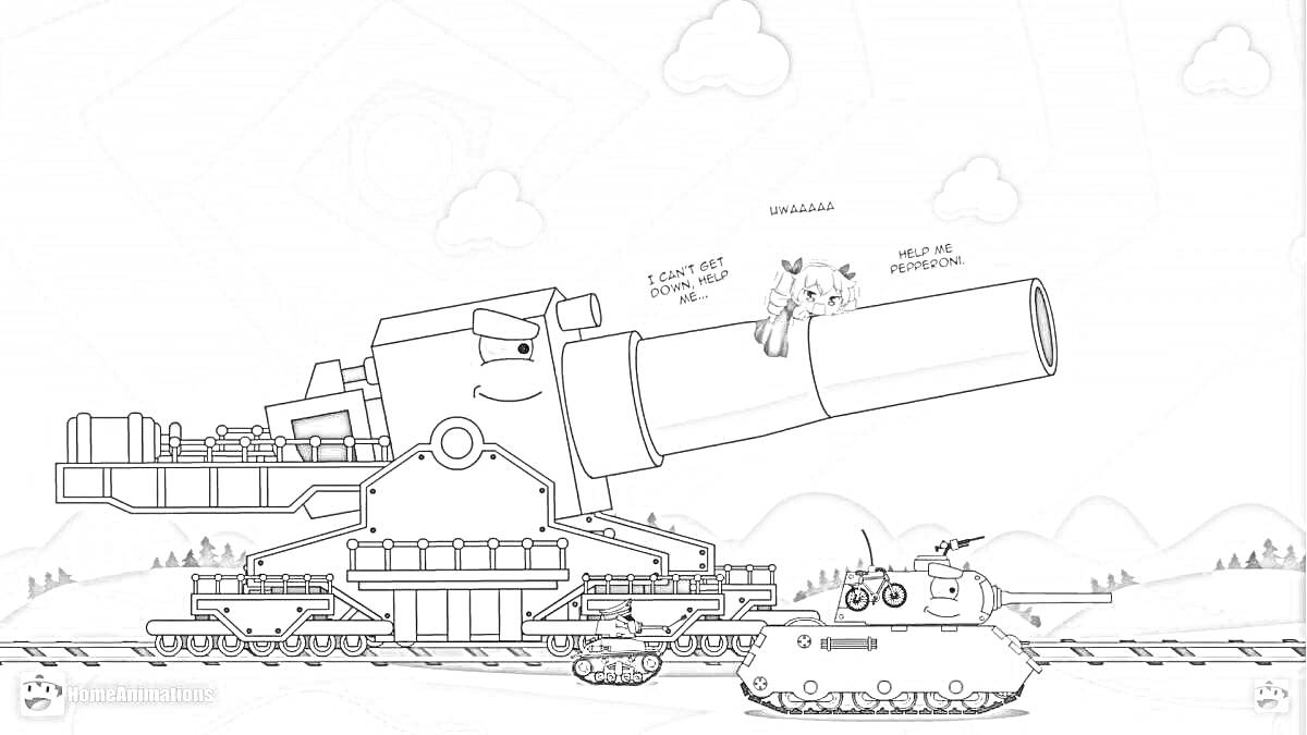 Раскраска Мультипликационные танки, большой танк с лицом Доры, маленький танк с лицом, облака, солнце, горы.