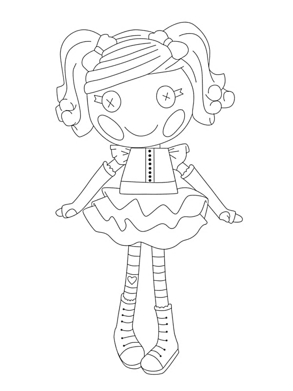 Раскраска Кукла с двумя хвостиками, круглые глаза с крестиками, нарядное платье с оборками, полосатые чулки, ботинки на шнуровке