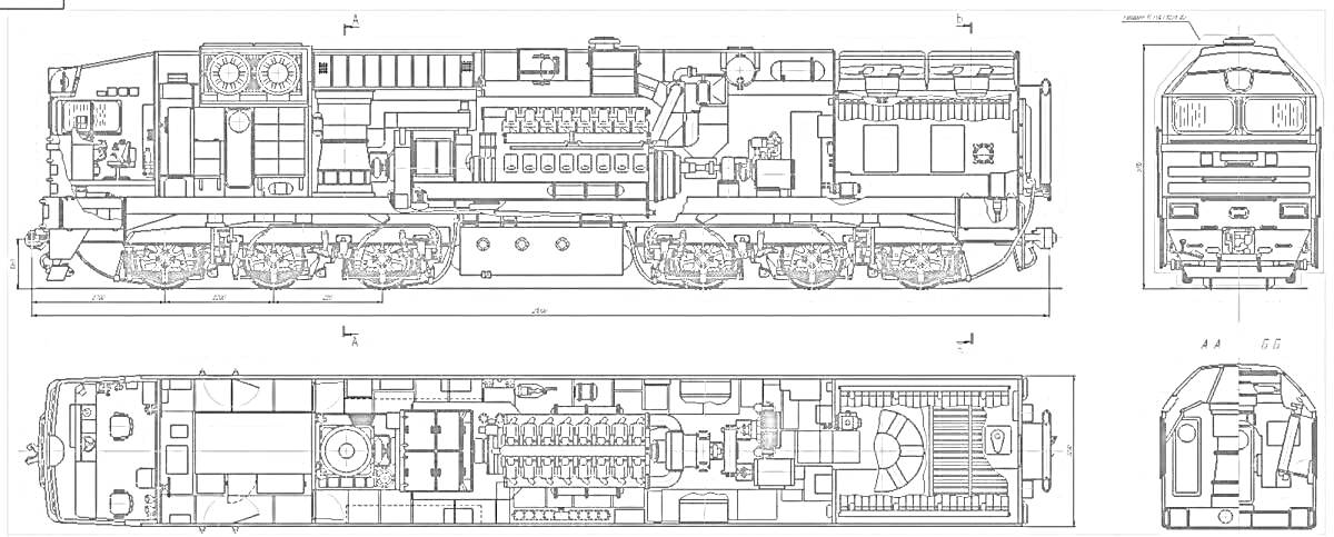 Раскраска Технические чертежи локомотива ЧМЭ3 с детальными видами сбоку, сверху и спереди