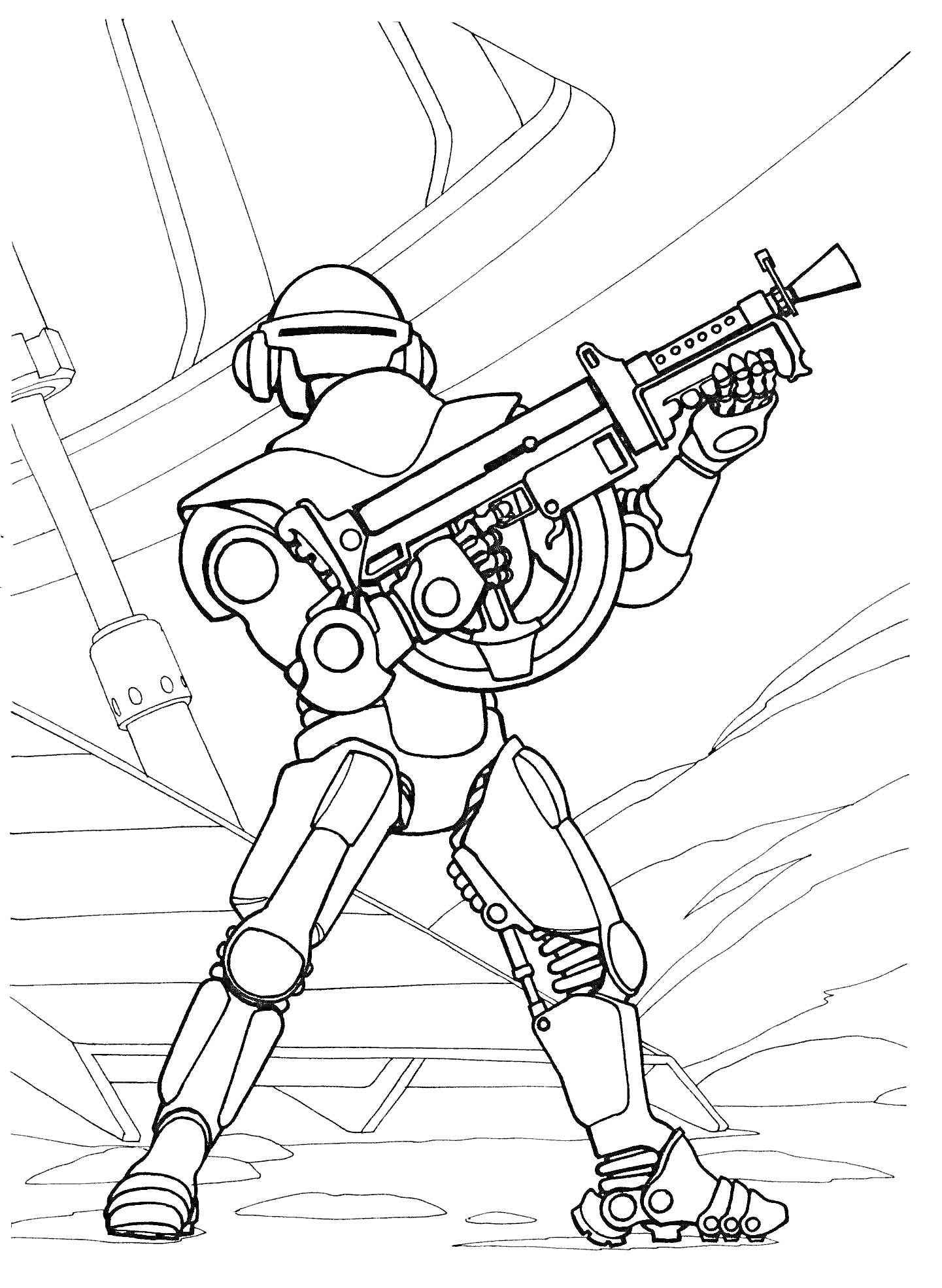 Раскраска Робот с крупным оружием в футуристическом окружении