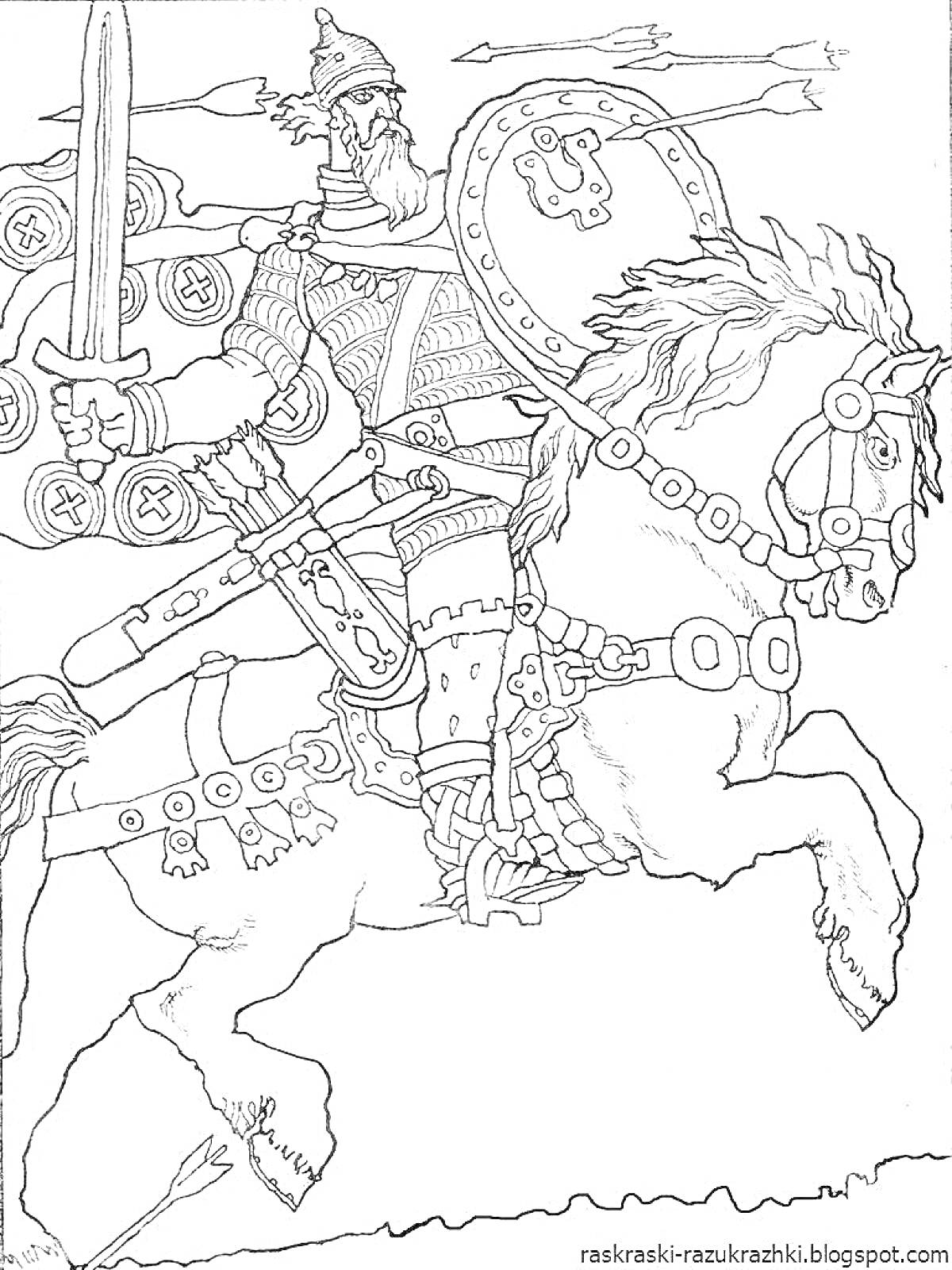 На раскраске изображено: Богатырь, Конь, Меч, Щит, Облака, Сражение, Стрела, Воин, Дороги