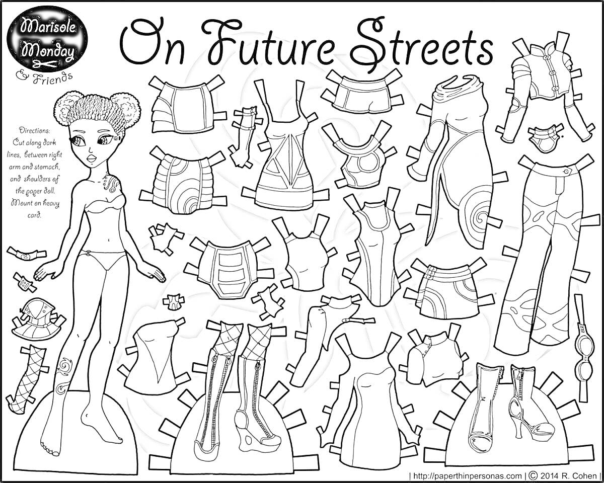 Раскраска На будущих улицах - кукла и одежда для вырезания (костюмы, топы, юбки, штаны, обувь, украшения, аксессуары)