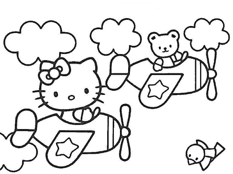 На раскраске изображено: Китти, Медведь, Облака, Для детей, Звезды, Птица, Самолеты