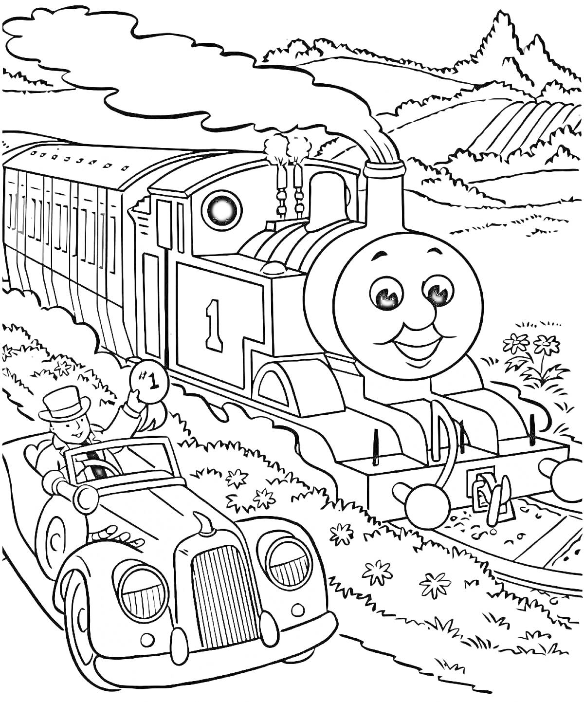 Раскраска Паровозик Томас и автомобиль с пассажиром на фоне деревень и гор