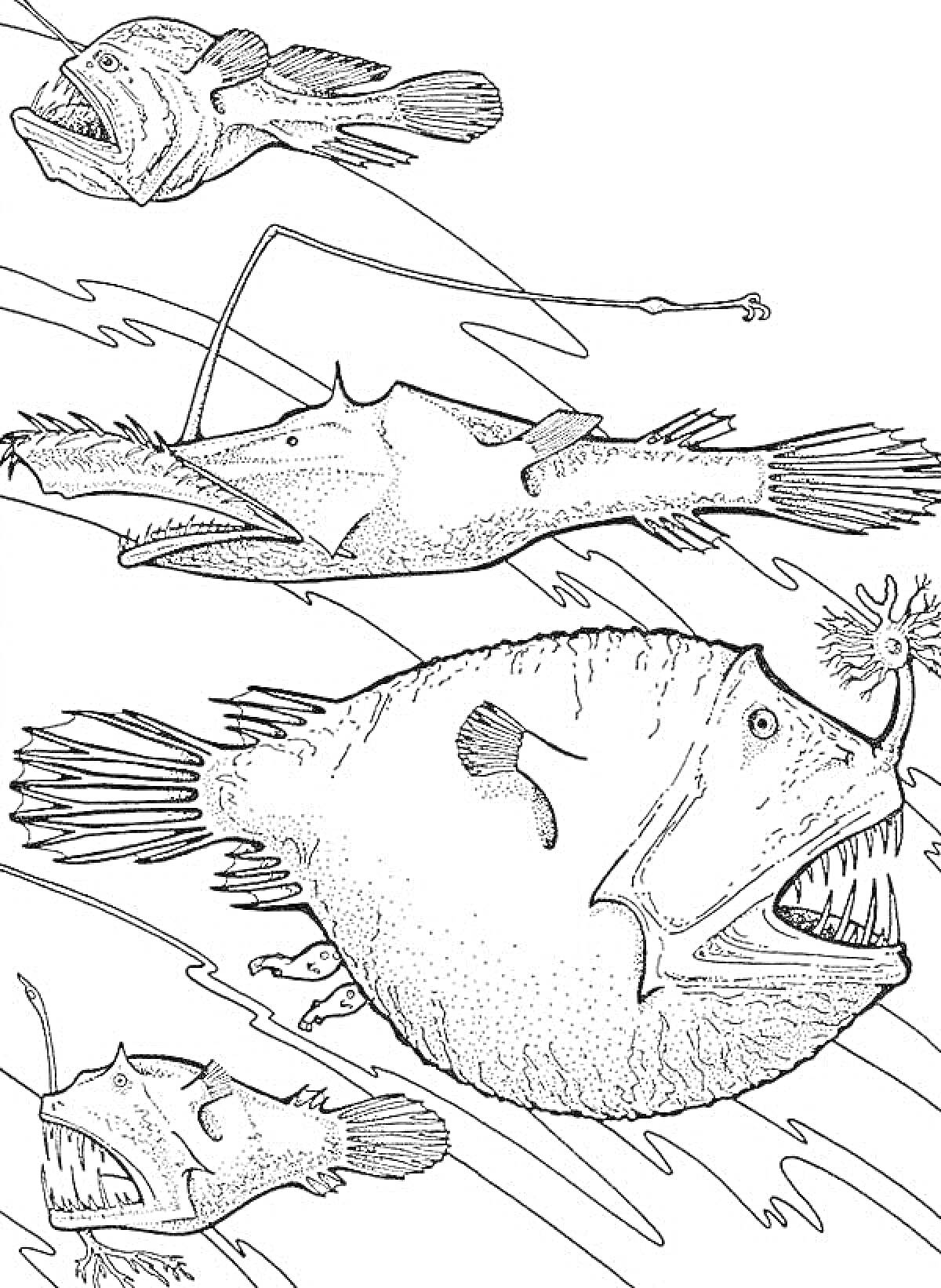 Раскраска Удильщики в подводном мире, четыре удильщика разных форм и размеров с характерными иллюминисцентными «удочками» на головах плавают в подводном окружении