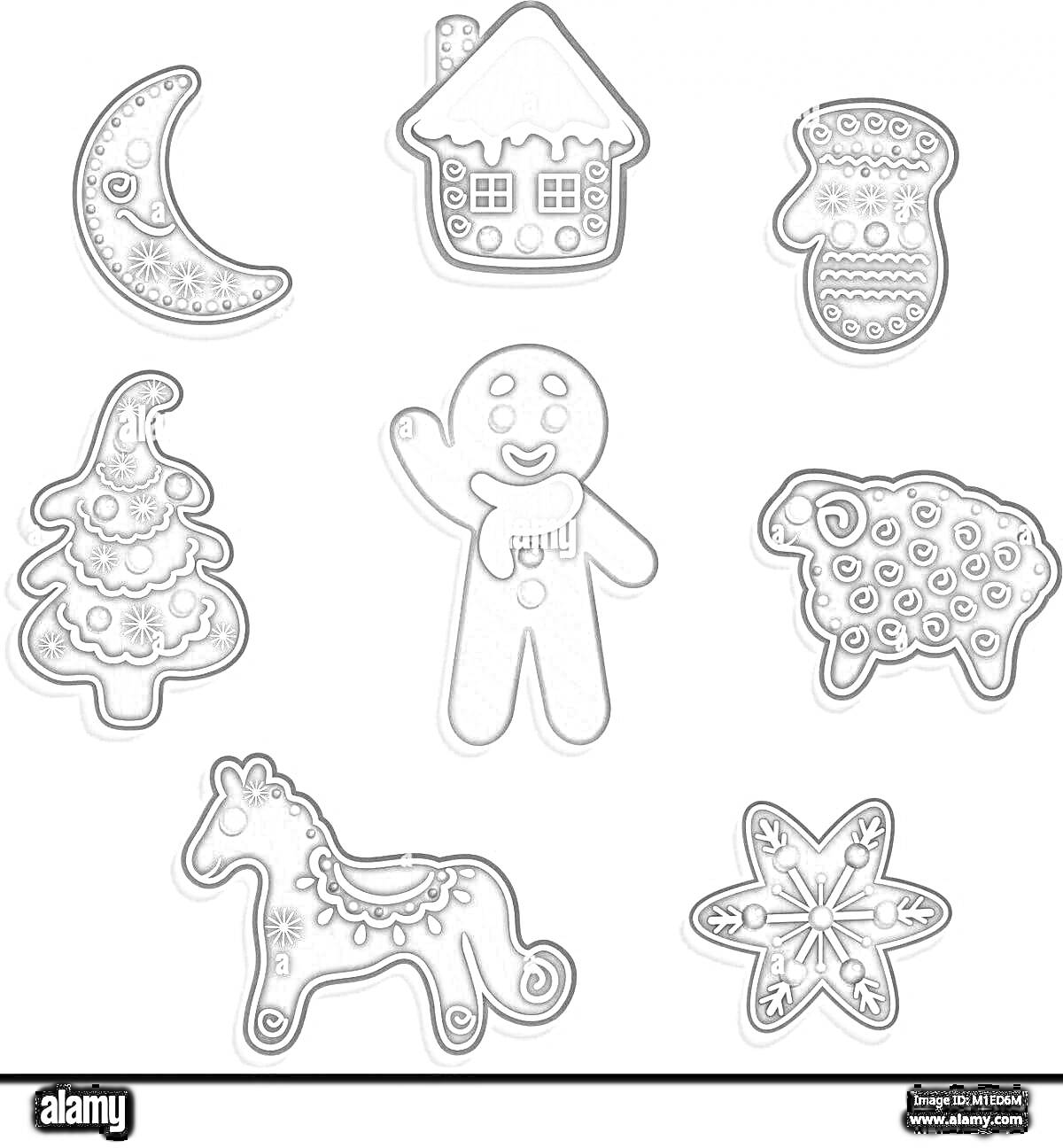 Раскраска Печенья в виде месяца, домика, варежки, елки, человечка, овечки, коня и снежинки