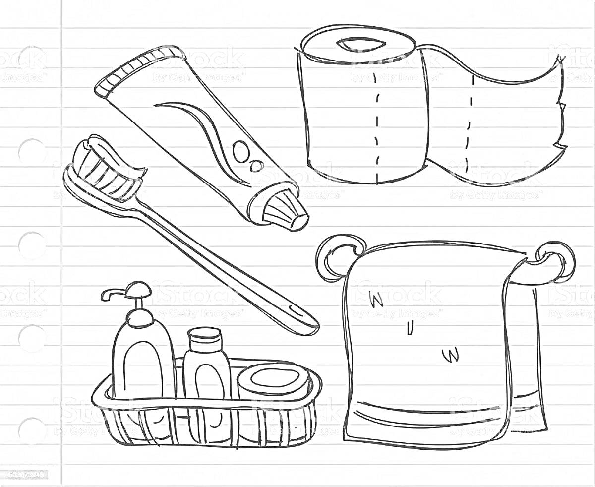 На раскраске изображено: Зубная щетка, Зубная паста, Туалетная бумага, Полотенце, Мыло, Дозатор, Гигиена